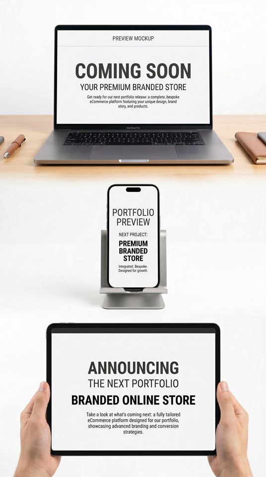 Coming soon ecommerce website preview displayed on laptop, smartphone, and tablet screens with clean minimal design