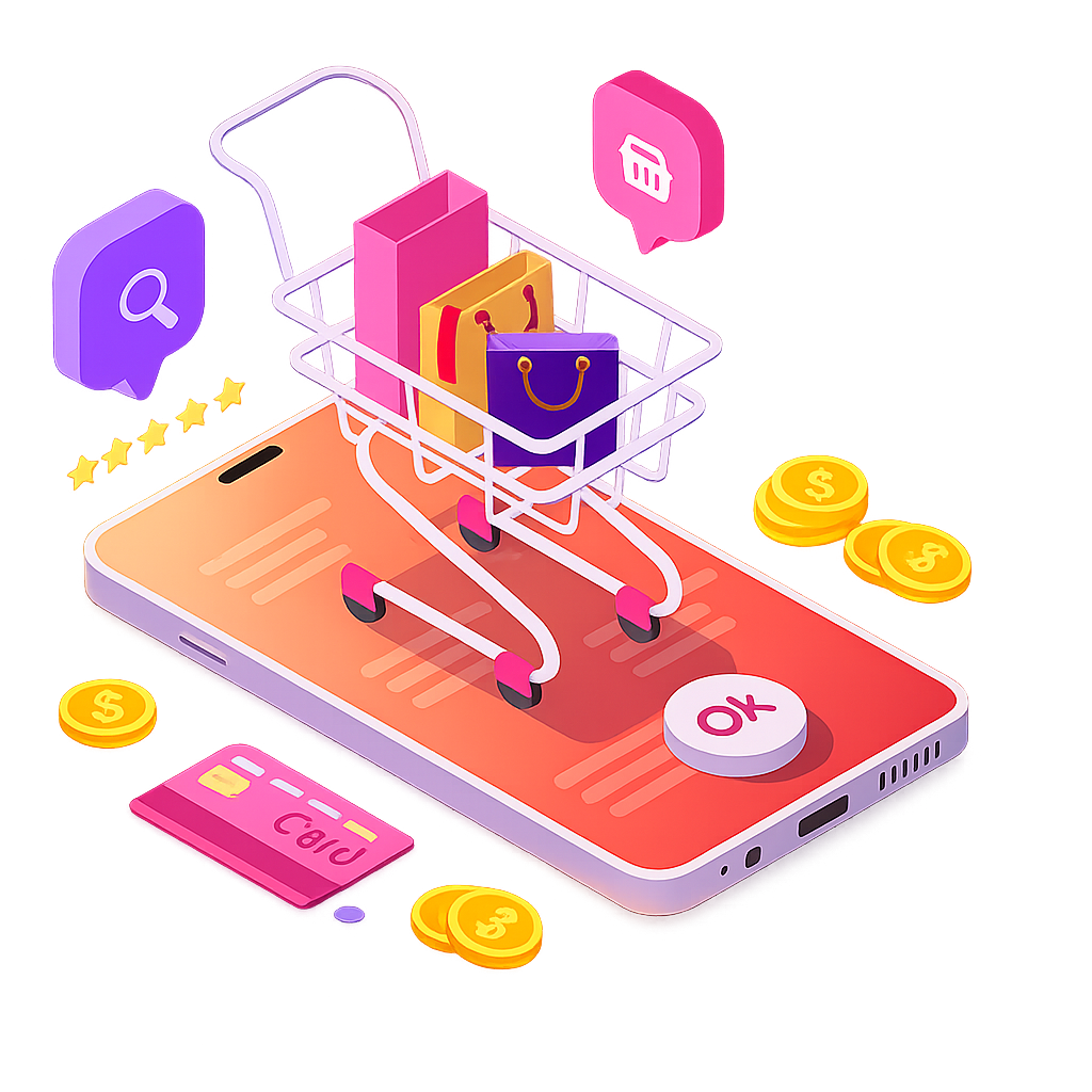 3D illustration of mobile eCommerce shopping with cart, payment, and checkout elements optimized for online store design