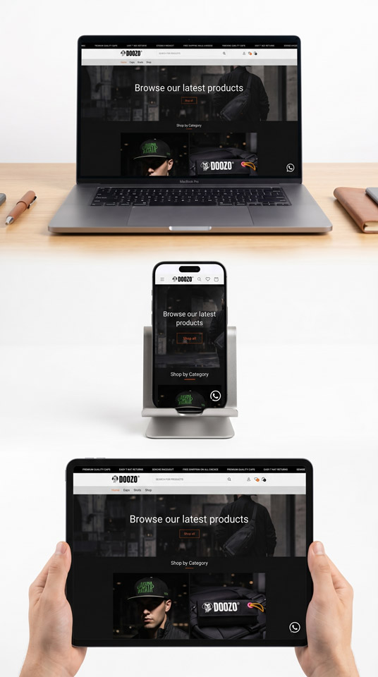 Responsive Doozo ecommerce website displayed on laptop, tablet, and mobile screens showing modern branded caps and accessories layout