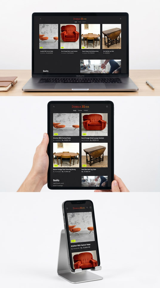 Furniture ecommerce website displayed on laptop, tablet, and mobile showing product listings, pricing, and modern UI design