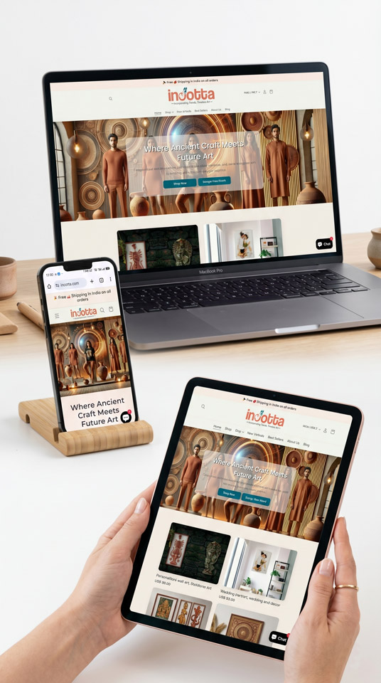 Responsive Incotta ecommerce website displayed on laptop, tablet, and mobile screens showing modern home decor and wall art layout
