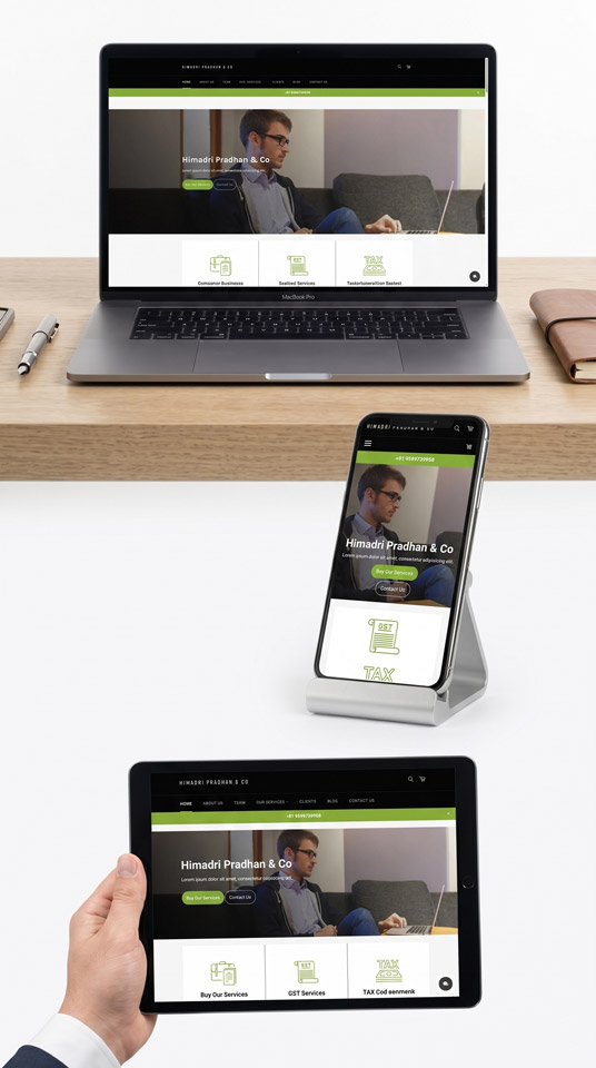 Business consulting website displayed on laptop, smartphone, and tablet screens showing responsive design and service layout