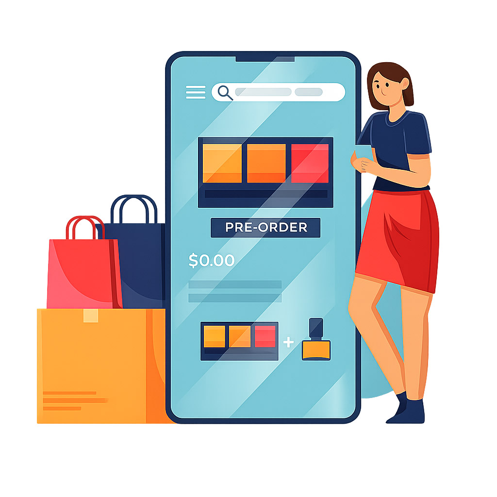 Woman shopping from a mobile eCommerce store with product display and online purchase interface